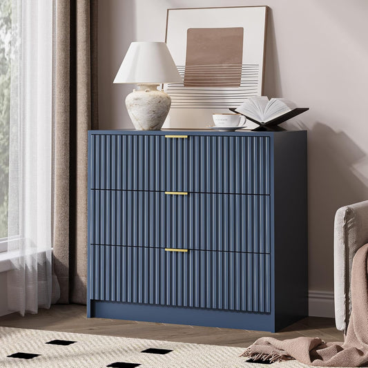 Fluted Dresser for Bedroom, 32 Inch Wide Nightstand with Large Drawer, 3 Drawer End Table for Bedroom, Living Rooms, Offices, and Entryways, Navy Blue