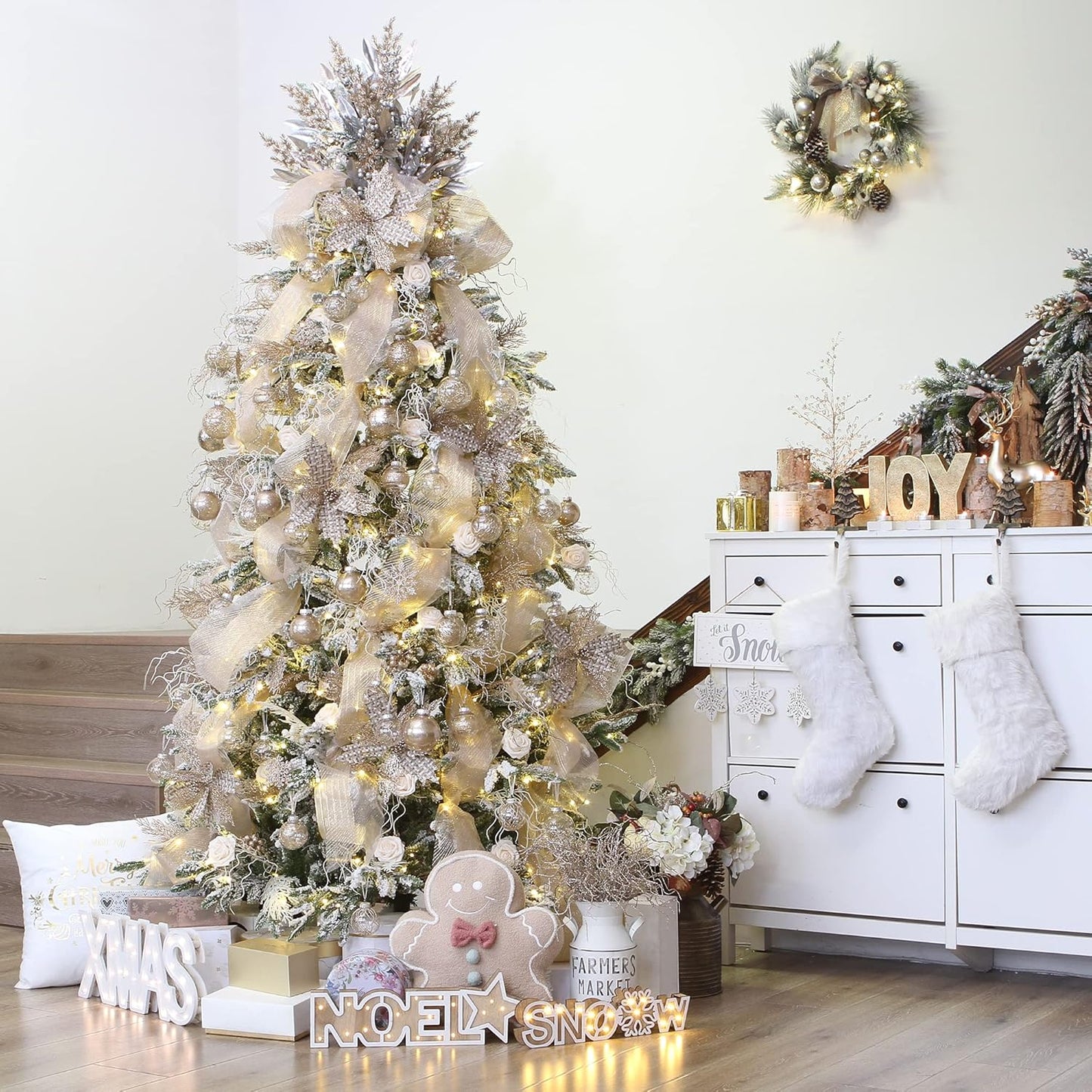 Sea Team Christmas Baubles Set Clear Plastic Shatterproof Multi-Size Decorative Christmas Baubles with Stuffed Delicate Decorations (25 Pieces, Champagne)