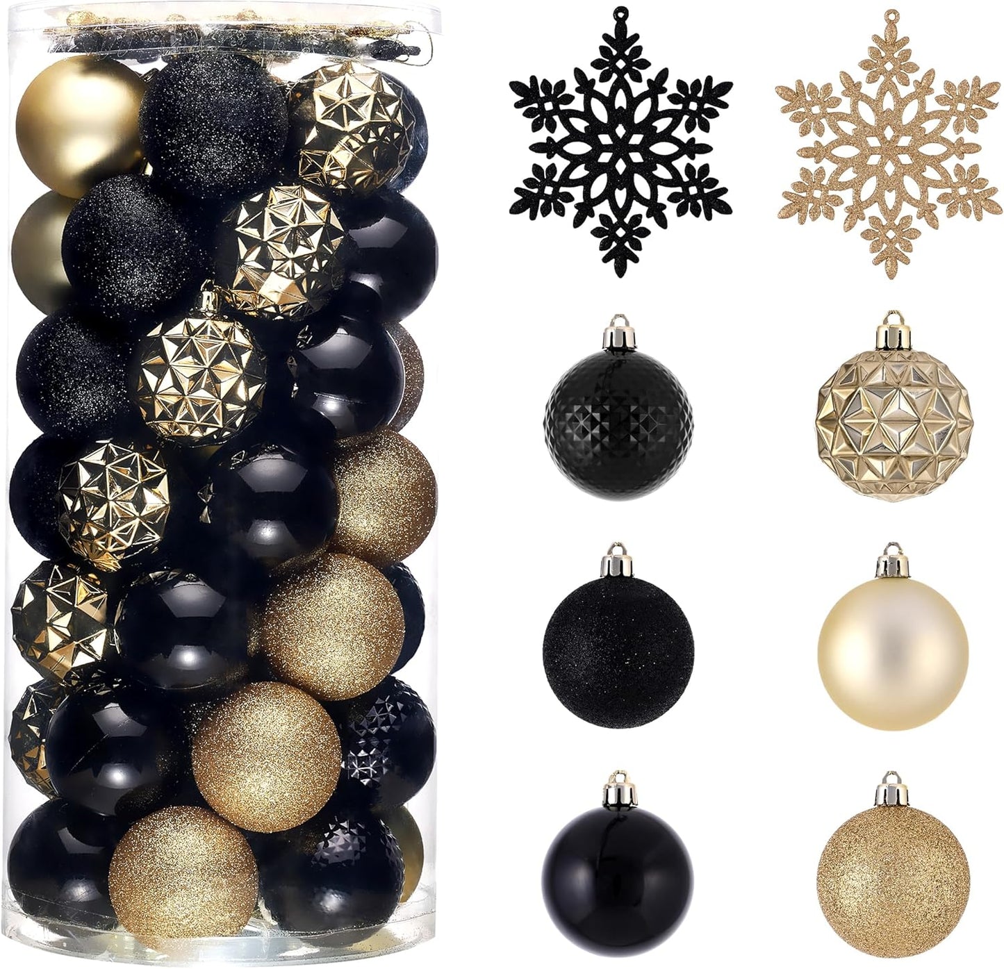 Valery Madelyn Christmas Tree Decorations Ornament Set for Fall Halloween, 50ct 2.36 Inches Black and Gold Shatterproof Christmas Ball Ornaments Hanging Xmas Holiday Party Decor