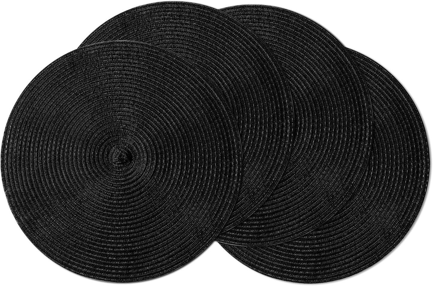 Leetaltree Round Placemats Heat and Slip Resistant Cotton Table Mats, Washable Bohemian Placemats for Dining Tables (Black, Set of 4)