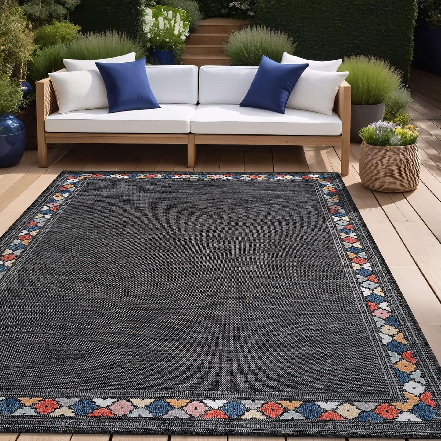 Beverly Rug Outdoor Rug 5x7 Modern Bordered Area Rugs for Indoor and Outdoor Patio Easy to Clean Non Shedding Living Room Porch Garden Washable Outside Carpet (5 x 7 Dark Gray)