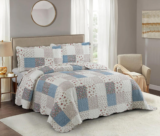 Brilliant Sunshine Pink Rose with Small Blue Check Patchwork, 3-Piece Quilt Set with 2 Shams, Reversible Bedspread, Soft Lightweight Coverlet, All-Season, King, Pink Blue