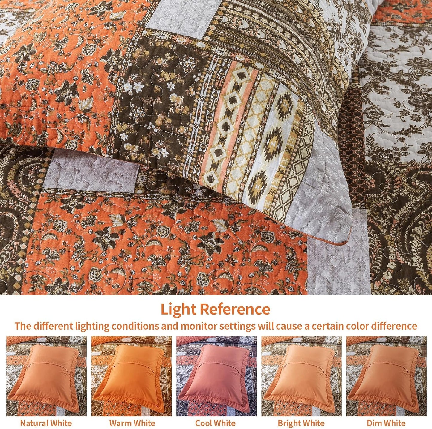 VAPUTAR Quilts King Size - Fall Cotton King Size Quilt Bedding Set, 3 Piece Lightweight Soft King Bedspreads Cotton Boho King Quilt Set, Floral Bedding Set for Farmhouse Bedroom (Dream Orange)