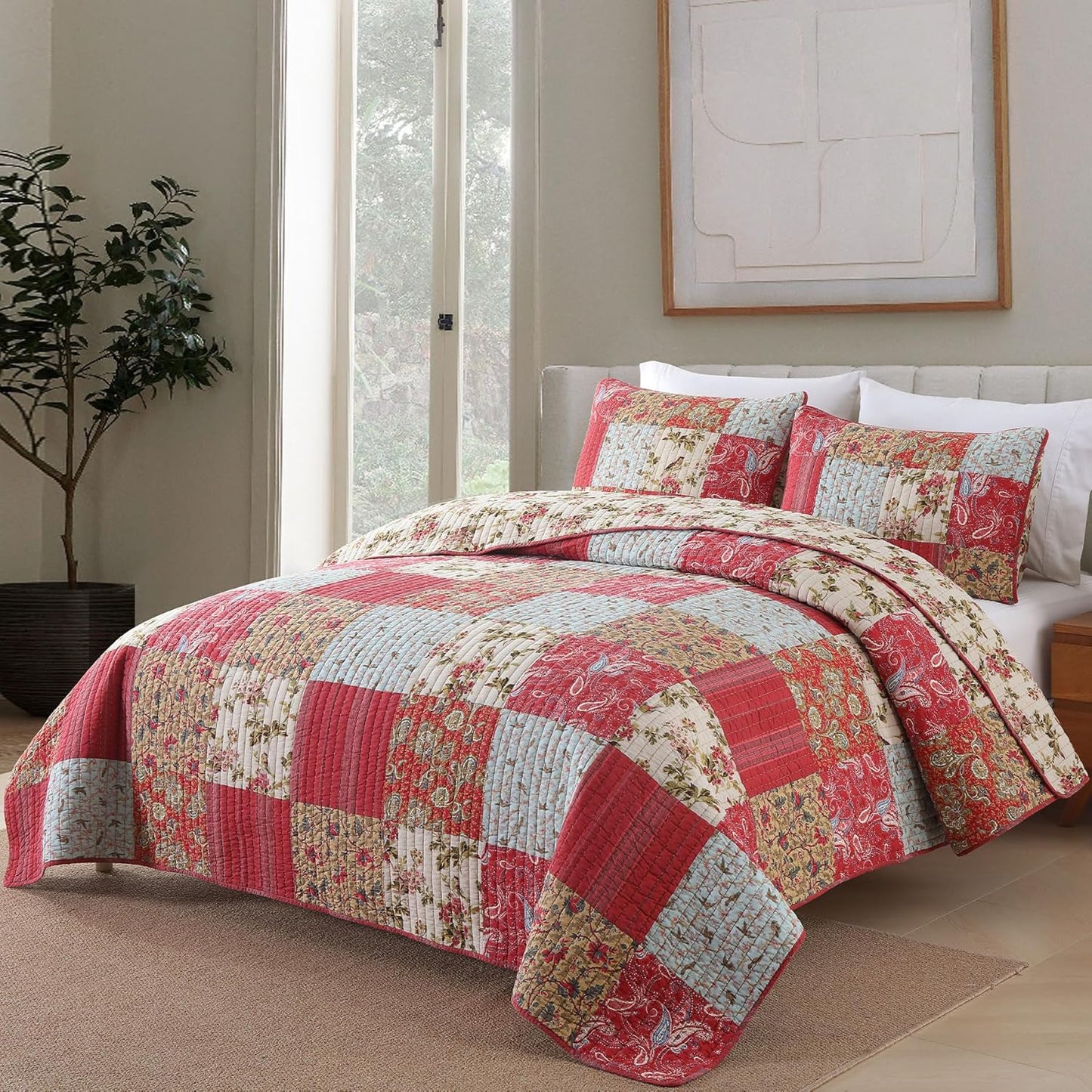 Secgo Queen Size Comforter Set- 100% Cotton Quilt Queen Size Set, Green, Sage bedspreads (90 * 96 Inch) with 2 Pillow Shams, Patchwork Reversible Lightweight Bedding