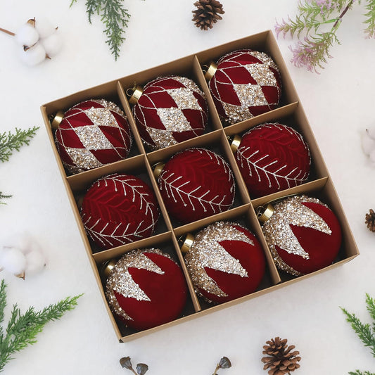 4inch Velvet Ornaments for Christmas Tree, 9PCS Glitter Flocked Christmas Ornaments Decorations Balls Set Decor Red