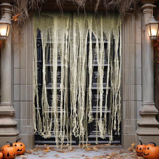 RunNico 2Pcs 85" x 60" Large Halloween Door Curtain Decoration, White Gauze Doorway Curtain, Creepy Cloth Strip Drape for Halloween Horror Theme Party Haunted House Costume Decor