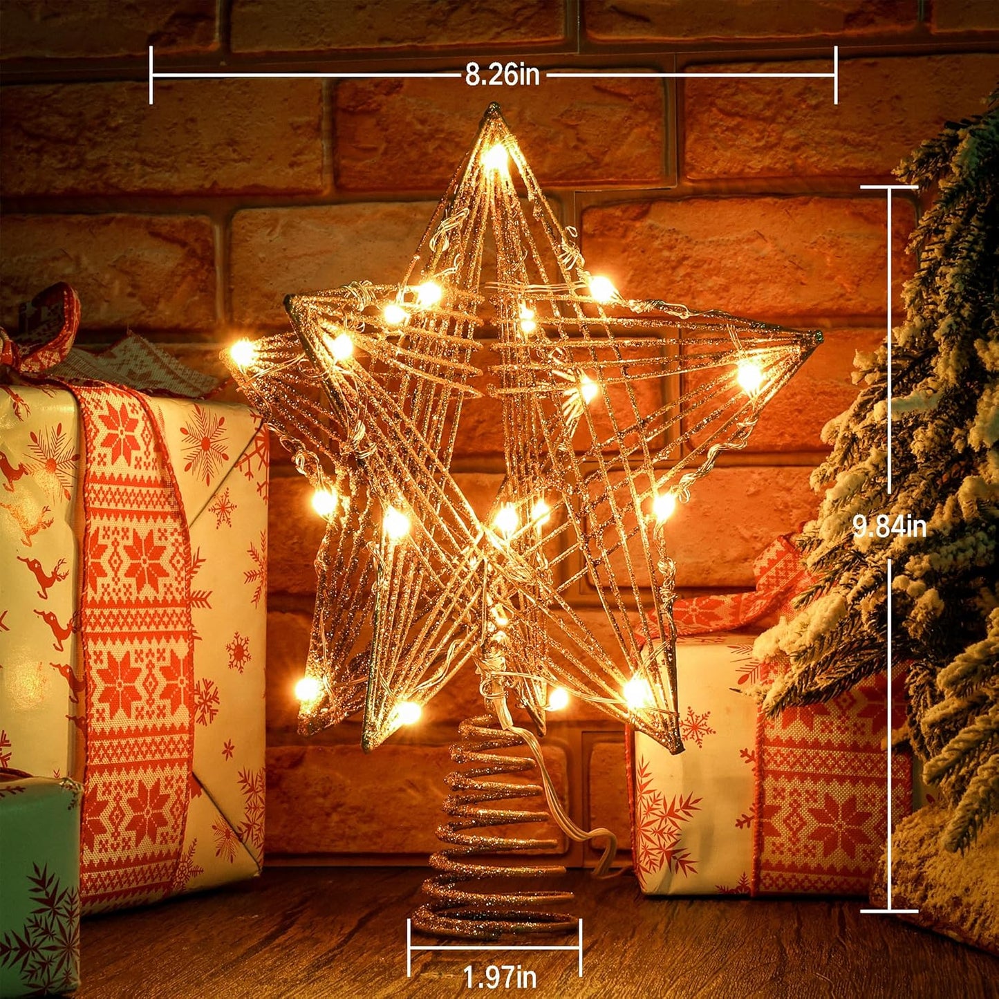 ODEETRONIC Smart Christmas Tree Topper, 8" RGB Star Tree Topper, 20LED 3D Hollow Color Changing Lighted Tree Top, APP & Remote Control Music Sync Gold Glitter Tree Topper for Xmas Indoor Party Holiday