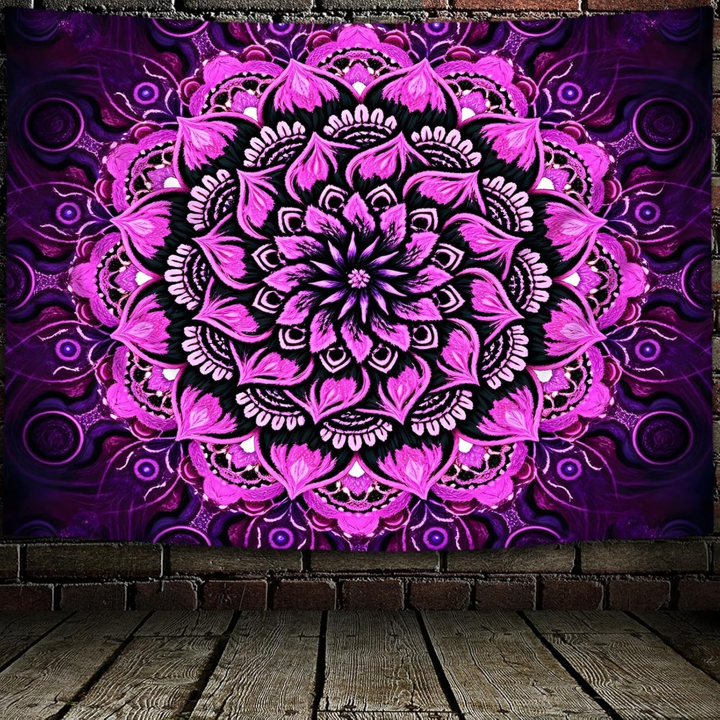 Psyhilar Blacklight Mandala Tapestry Wall Hanging, Psychedelic Flower Black Light Posters for Adults and Teens, UV Reactive Aesthetic Bohemian Art for Bedroom (40 x 30 Inches)