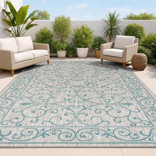 JONATHAN Y Vintage Filigree Indoor Outdoor Area Rug 6X9 Gray/Teal, Charleston Textured Weave for Backyard, Patio, Porch, Easy-Cleaning, High Traffic, Pet-Friendly, Non-Shedding (SMB106E-6)