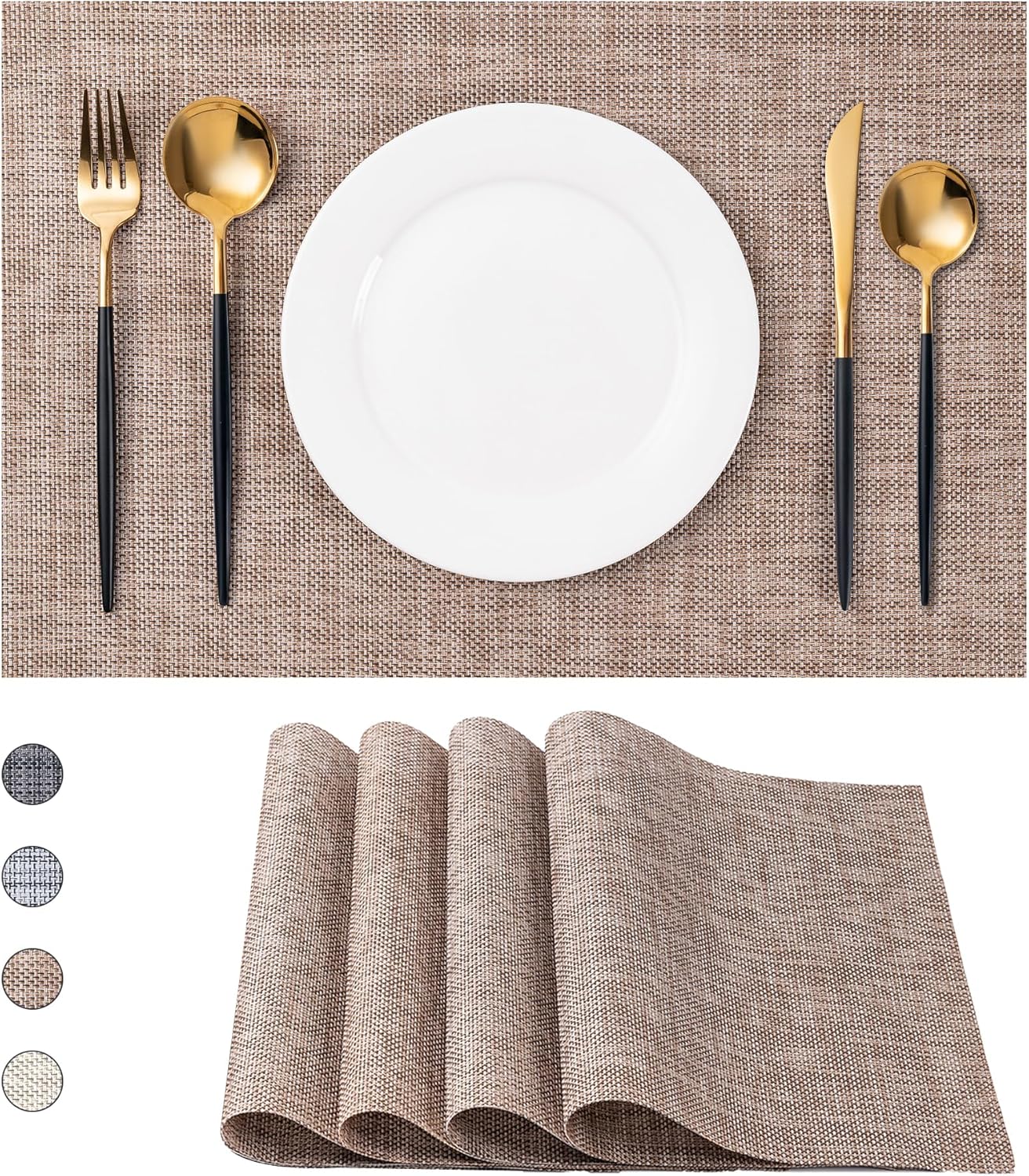 CADONO Placemats Set of 4 Washable Indoor/Outdoor Vinyl Place Mats for Dining Table Durable Non-Slip Heat Resistant PVC Weave Table Mats（Khaki）