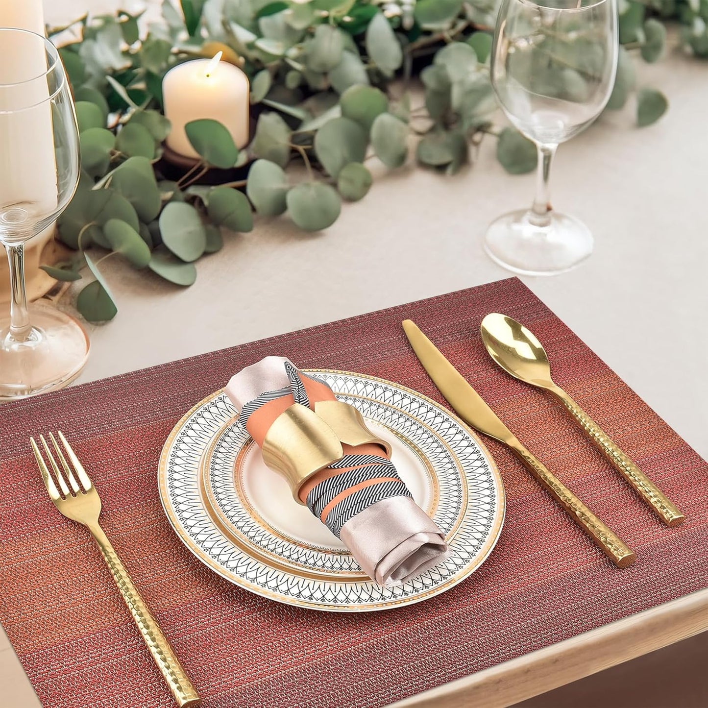 Placemats Set of 8 - Easy Clean Washable Vinyl Placemats - Wipeable Heat Resistant Table Mats for Dining Table - 17.7x11.8 Inch (8, Red Gradient)