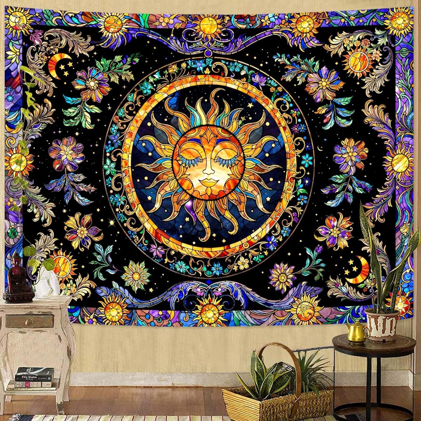 Lunerfex Sun Tapestry Stained Glass Tapestry Wall Decor Tapestries for Bedroom Boho Tapestries Wall Hanging for Bedroom Living Room Glass-Sun-01 60"x80"