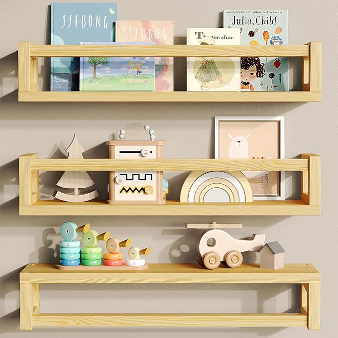 Upgraded Thick Floating Shelves - Multi-Use Wall-Mounted Bookshelves for Kids and Nursery, Ideal for Books, Toys, Spice Rack, Decor - NaturalWood