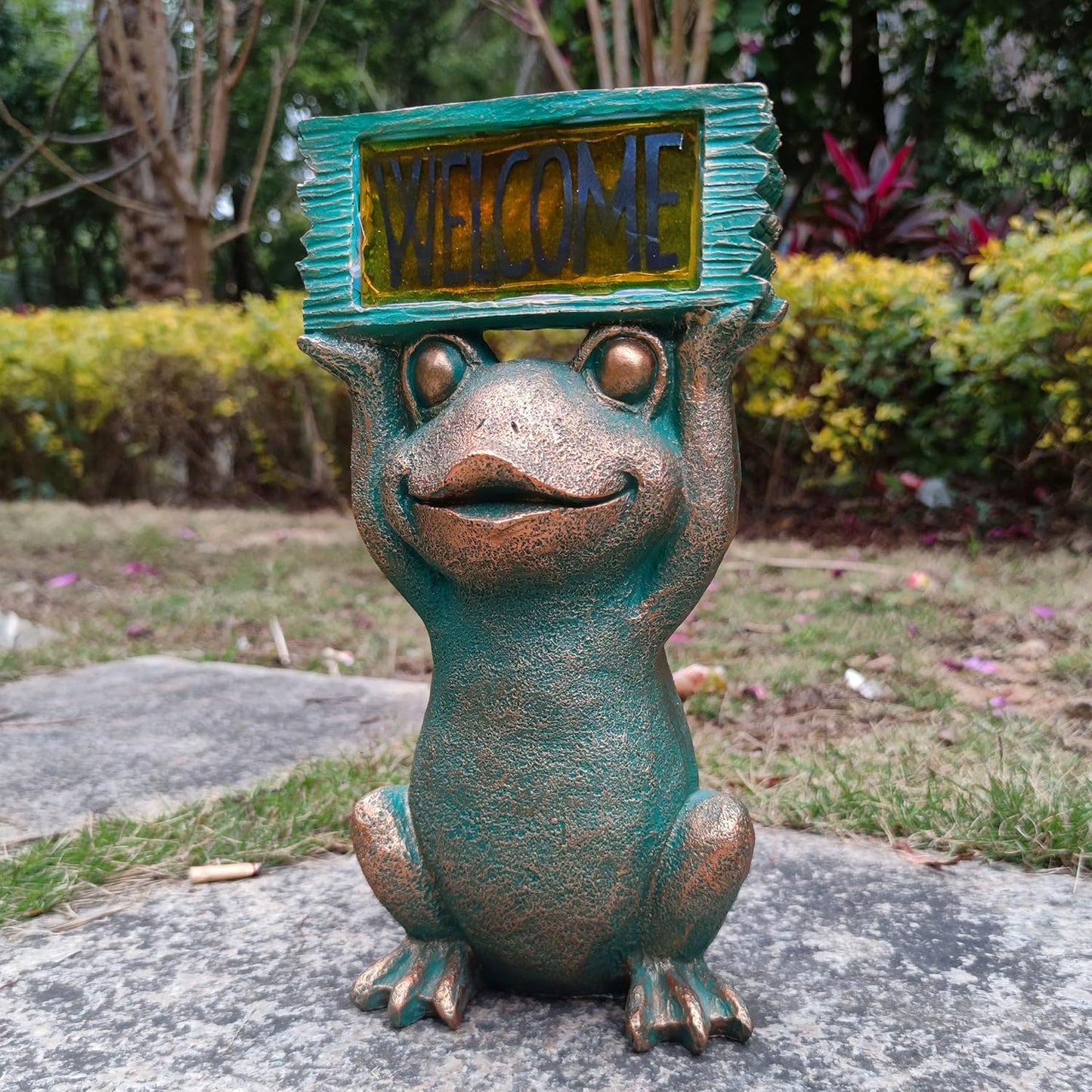 Frog Solar Welcome Garden Statues Outdoor Décor- Frog Figurines Solar LED Light Lawn Ornaments - Yard Decorations for Patio, Balcony, Backyard -Unique House Warming Gifts for Mom