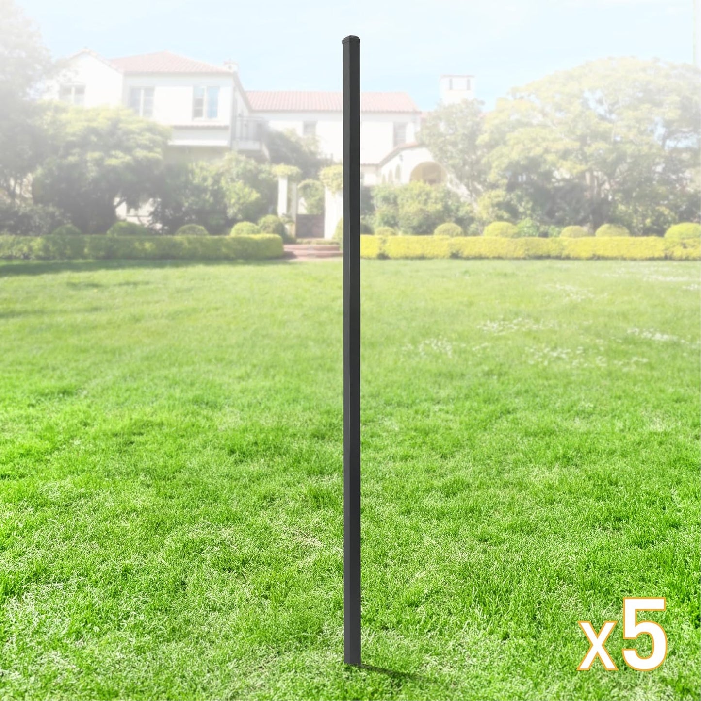 Fencer Wire Pack of 5 Heavy Duty 8FT Outdoor Steel Fencing Border Post, 16 Gauge Anti-rust Metal Fence Post, 2” Diameter Decorative Garden Fence Post, Black, FPSPS16-B8X5 FW