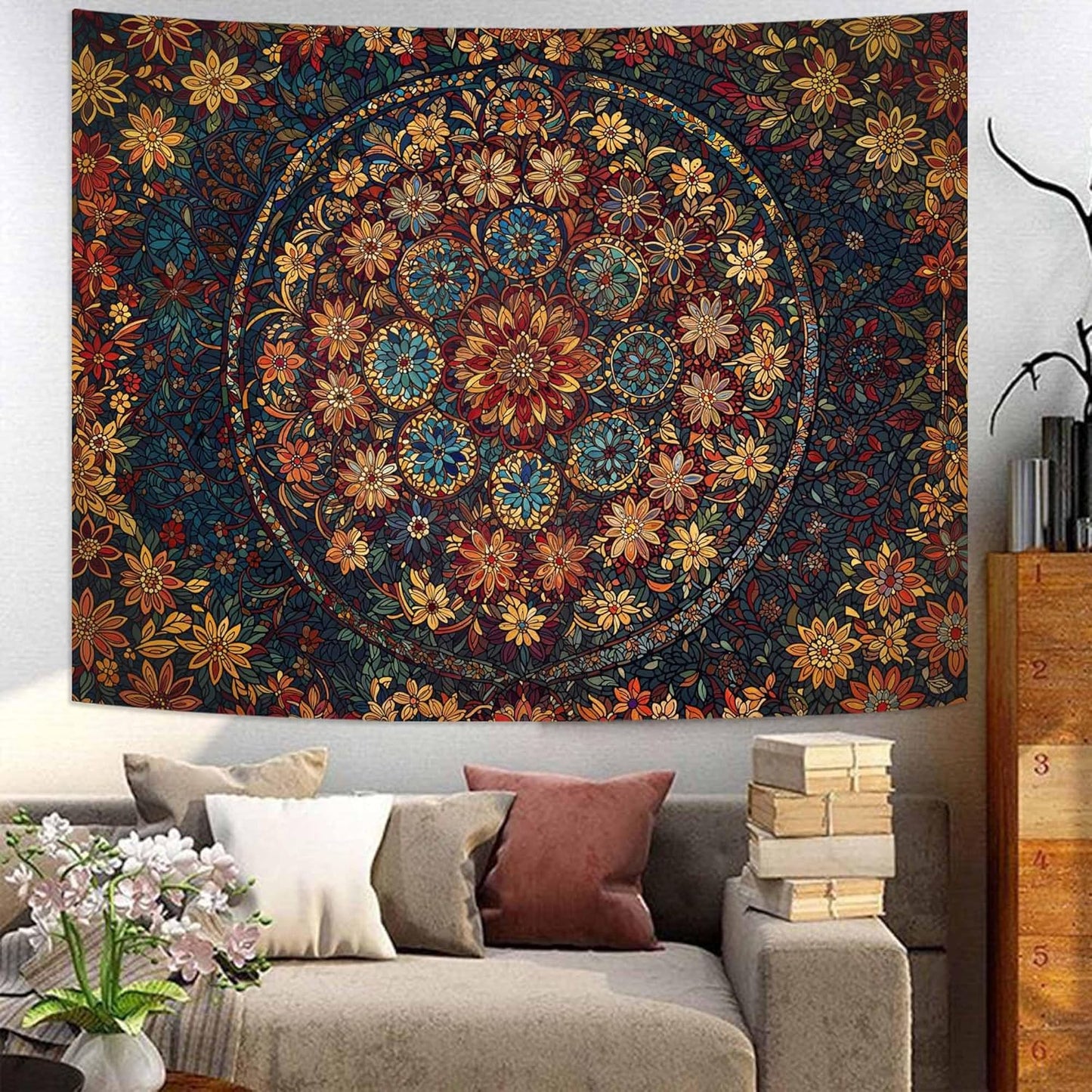 Fowocu Boho Floral Mandala Tapestry Wall Hanging Vintage Bohemian Flower Medallion Tapestry Aesthetic Orange Stained Glass Hippie Small Tapestries for Bedroom Living Room Dorm Decor 48 x 36 Inch