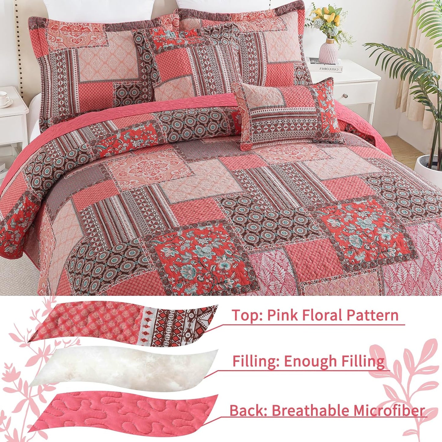 VAPUTAR Cotton King Size Quilt Bedding Sets, Pink King Bedspread Lightweight Quilted Reversible Coverlets Farmhouse 3 Pieces King Quilt Set Suitable for All Seasons Decoration