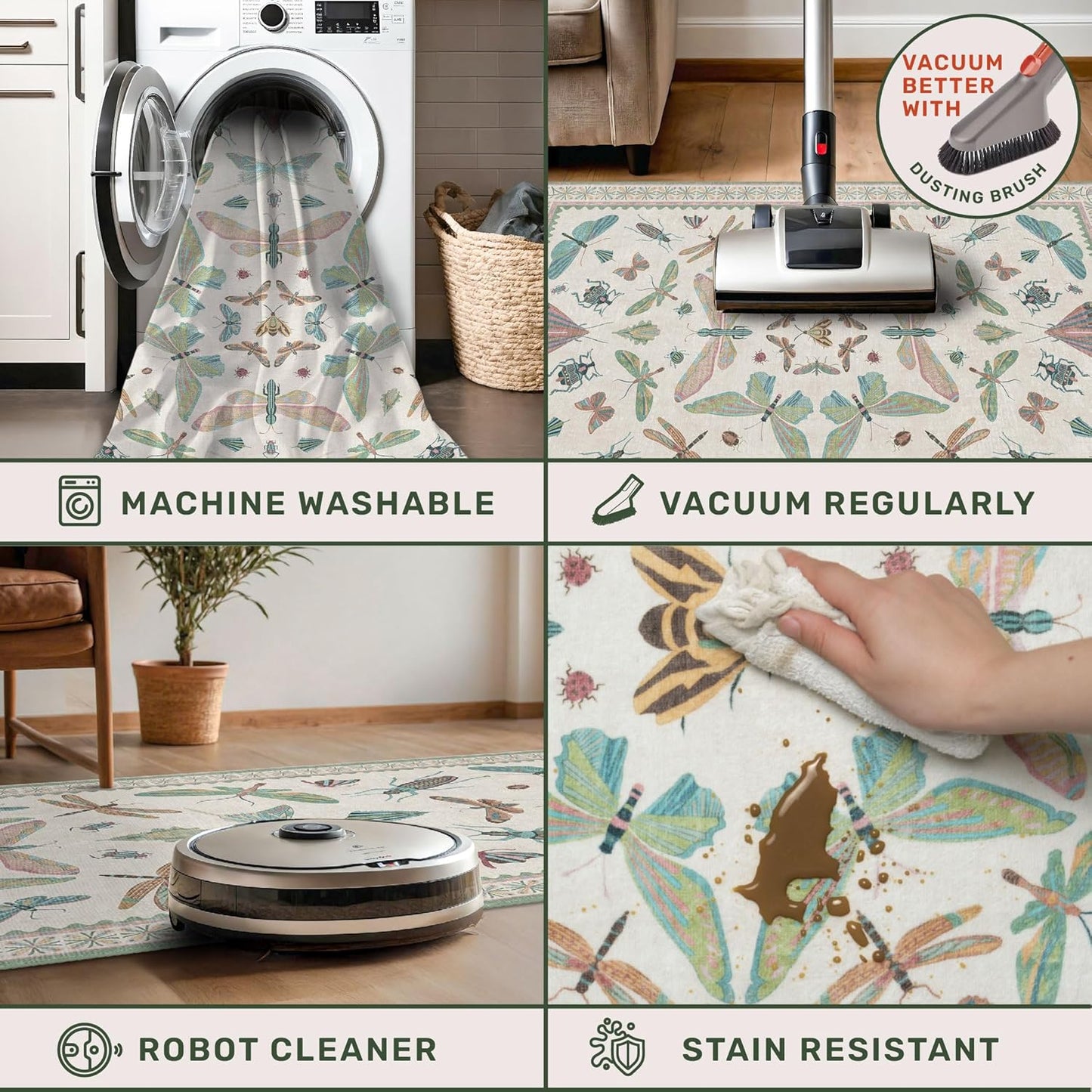 5x7 Pink and Green Nursery Rug - Colorful Rug for Bedroom, Living Room, Insect Butterfly Floral Non-Slip Soft Carpet