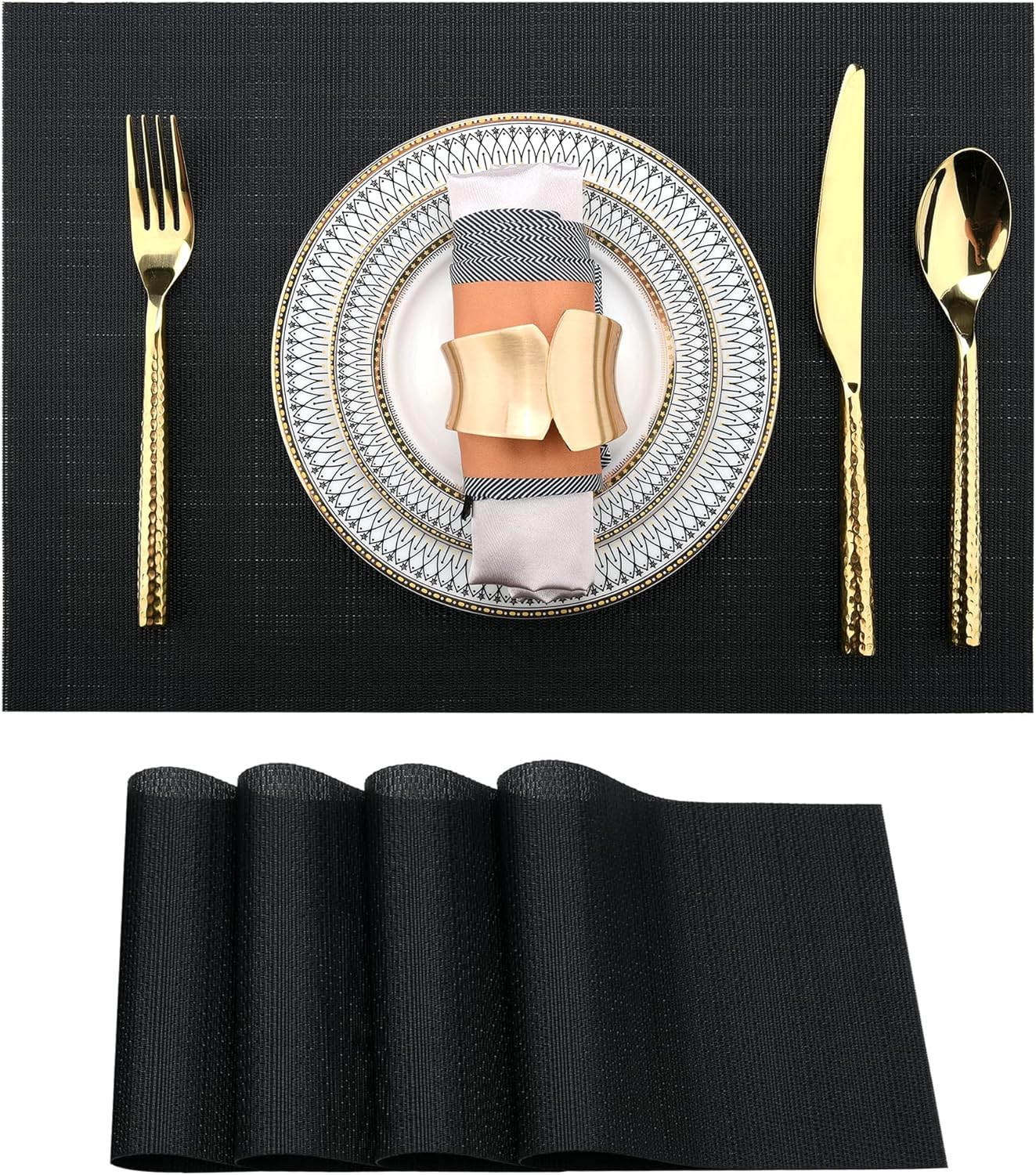 Black Placemats Set of 4 - Easy Clean Washable Vinyl Placemats - Wipeable Heat Proof Table Mats for Dining Table - 17x12 Inch (Pure Black, 4)