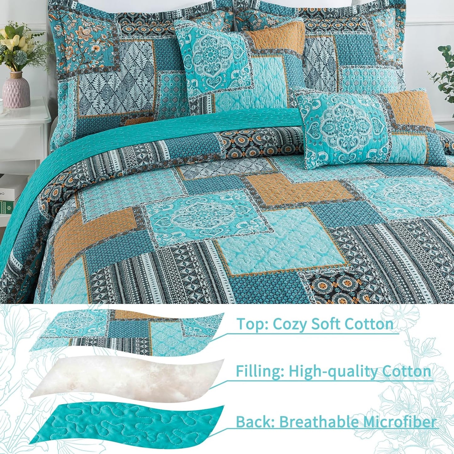 VAPUTAR Oversized King Size Quilt Bedding Set - Cotton California King Size Bedspreads (108 * 118 in) - Lightweight Floral Quilts for Farmhouse Bedroom (Teal/Green Chic, 3 Pieces)