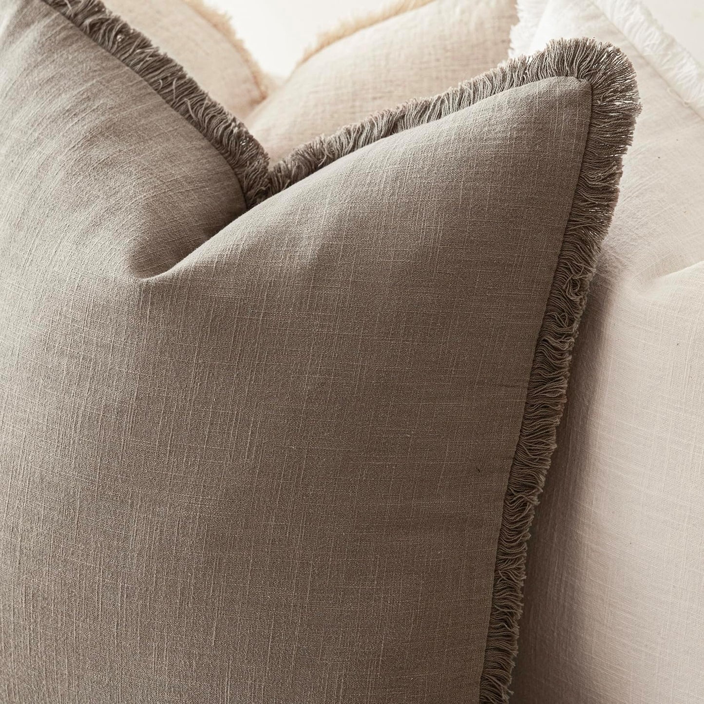 Foindtower Set of 2 Decorative Linen Fringe Throw Pillow Covers Boho Farmhouse Cushion Cover with Tassels Accent Pillowcase for Couch Chair Sofa Bed Living Room Home Decor,22×22 Inch,Brown Tan