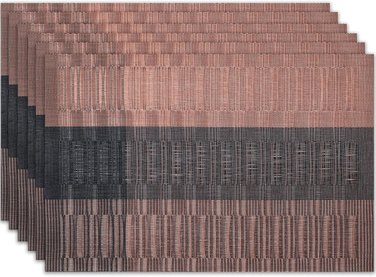 Placemats Set of 6 Washable Indoor/Outdoor Vinyl Place Mats for Dining Table Durable Non-Slip Heat Resistant PVC Weave Table Mats(Brown Black)