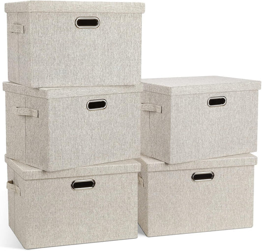 Large 17" 36 Quart Collapsible Stackable Storage Bins with Lids, 5 Packs Beige Linen Fabric Closet Boxes with Lids, Storage Cube Baskets Container Organizers for Bedroom Office(17 x12 x11)