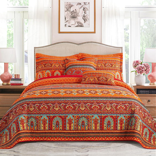 VAPUTAR Cotton Quilt Twin Size Bedding Set - 2 Pieces Twin Quilt Bedding Set, Boho Twin Size Quilts, Lightweight Reversible Coverlets Bedspreads for Farmhouse Bedroom (Red/Orange)