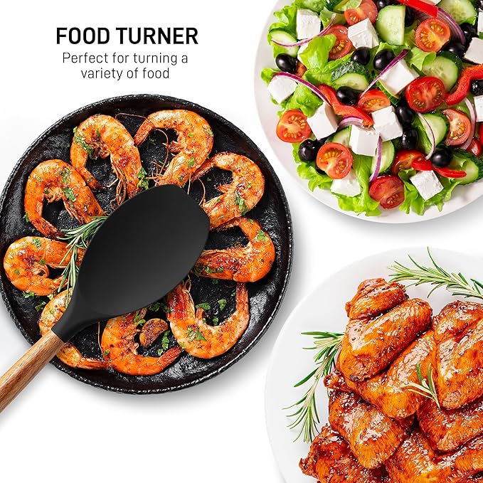 Zulay Kitchen Non-Stick Cooking Utensils Set with Authentic Acacia Wood Handles – 5-Piece Durable & Stylish Silicone Kitchen Utensils Set – Heat Resistant to 464°F – Black