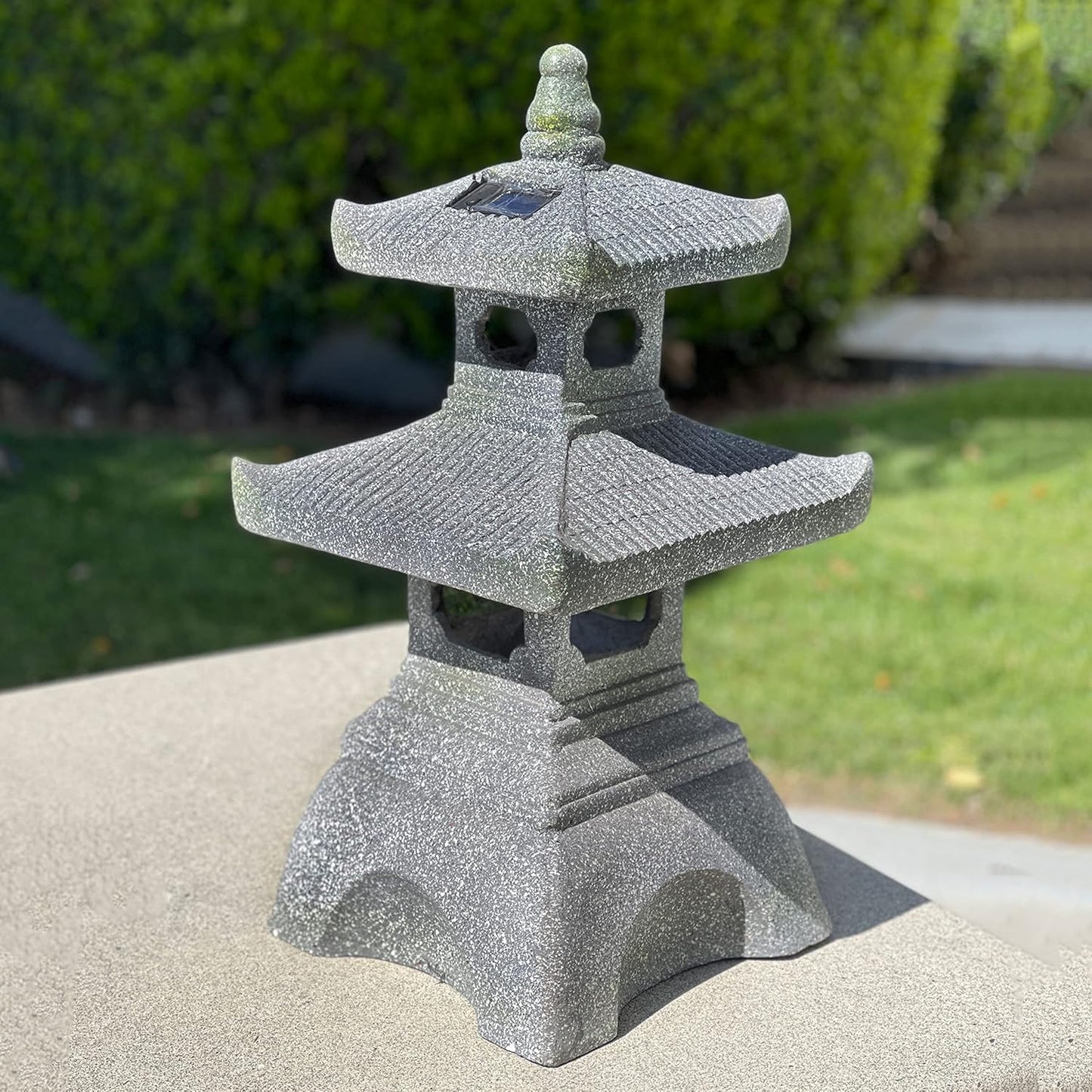 Galt International 2 Tier Pagoda Garden Statue LED Solar Powered Light 26" Tall Outdoor Zen Garden Lantern Landscape Lawn Asian Pagoda Stupa Decor Grey Resin