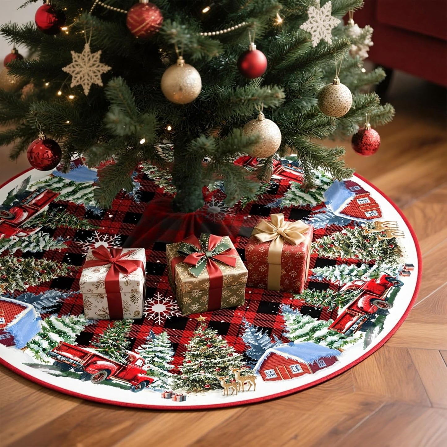 Christmas Tree Skirt 48 Inches Red Xmas Soft Cover Mat Decor Retro Xmas Tree Skirt for New Year Holiday Ornaments Indoor Outdoor Decorations (Buffalo Plaid)