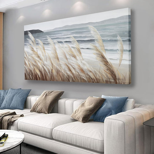 Plant Wall Art Nature Wall Art Reed Seascape Canvas Painting Wall Decor Framed Artwork for Bedroom Living Room Decoration Home Kitchen Office 20"x40"