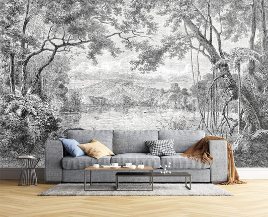 Black and White Tropical Rainforest Wall Mural Wallpaper for Bedroom 137" x 100"