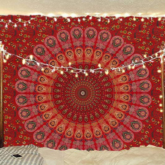 Bless International Handmade Indian hippie Bohemian Psychedelic Peacock Mandala Wall hanging College Dorm Beach Throws Table Cloth Bedding Tapestry (Golden Red, Twin(54x72Inches)(140x185cms))