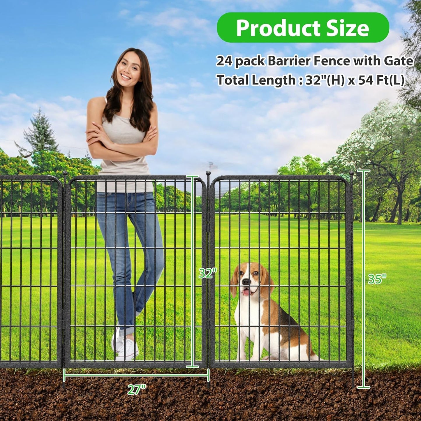 Decorative Black Metal Fencing Garden Fence with Gate, 55ft(L) 32in(H) 24 Fence Panels No Dig Fence Rustproof Animal Barrier Fence Temporary Dog Panels Fencing Outdoor