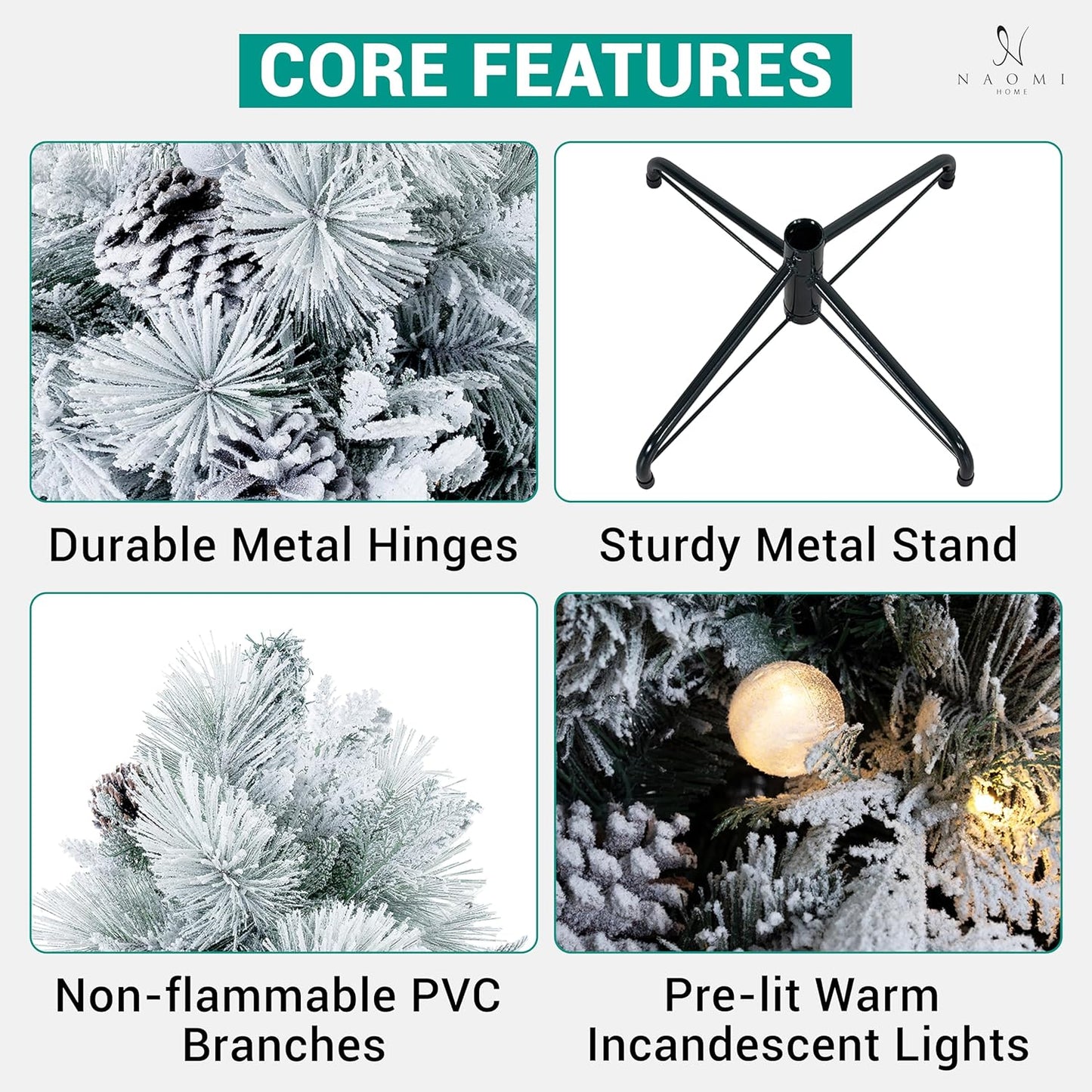 Darla 9ft Snow Flocked Prelit Artificial Christmas Tree with Star Projector, 58 Pine Cones, 1612 Branch Tips, 720 Warm Lights and Metal Stand, 58" Wide Snowy Frosted Pine Christmas Tree with Lights