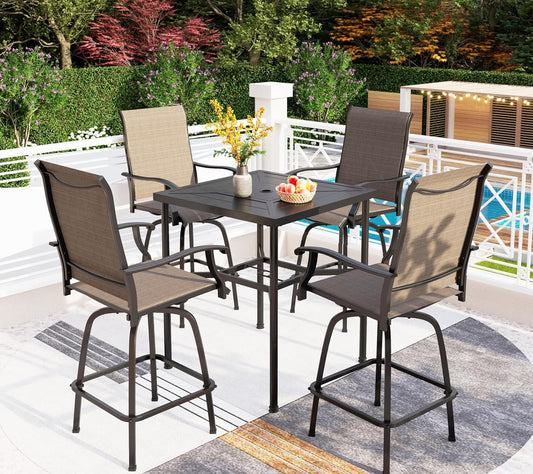 PHI VILLA Outdoor Swivel Bar Stools Set for 4, Metal Patio Bar Table and Chairs Set with Brown Textilene Fabric for Outside