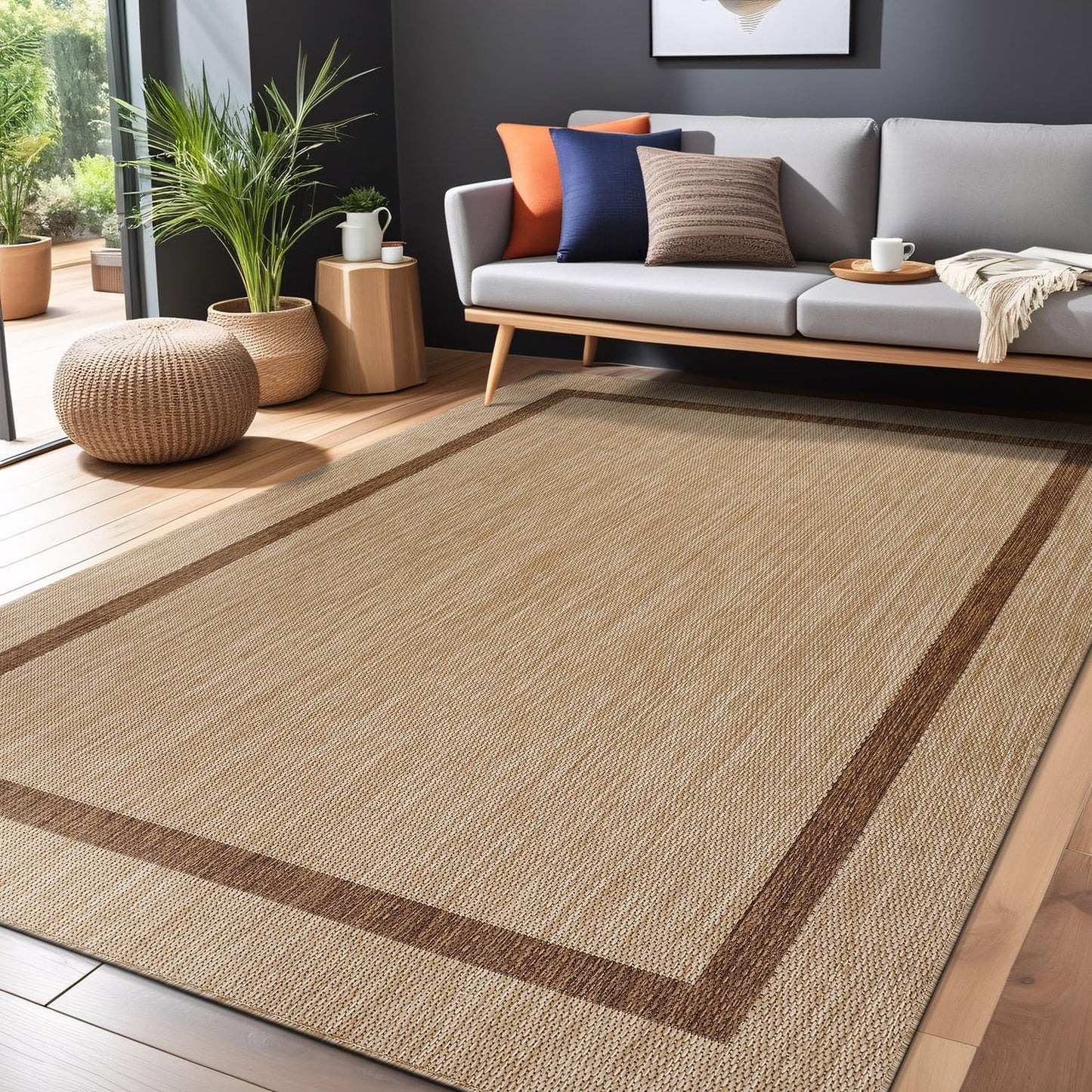 Bordered Outdoor Rug 9x12 Washable Outside Carpet for Indoor Patio Porch Waterproof Easy Cleaning Non Shedding Area Rugs Jute Beige - Nut Brown 9 x 12