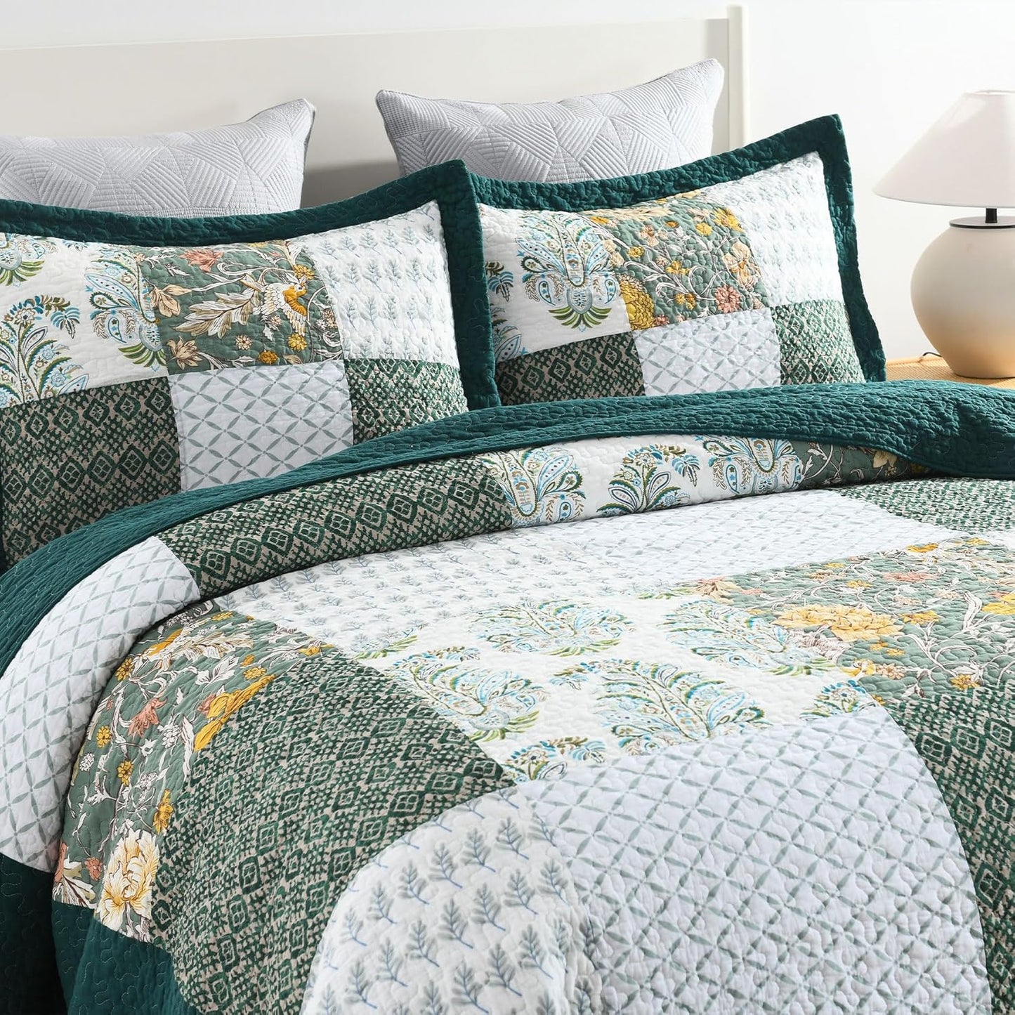 Secgo Queen Comforter Set for Bed - 100% Cotton Quilts Queen Size, Green, Emerald Bedspreads (90 * 98 Inch) with 2 Pillow Shams, Patchwork Reversible Lightweight Bedding