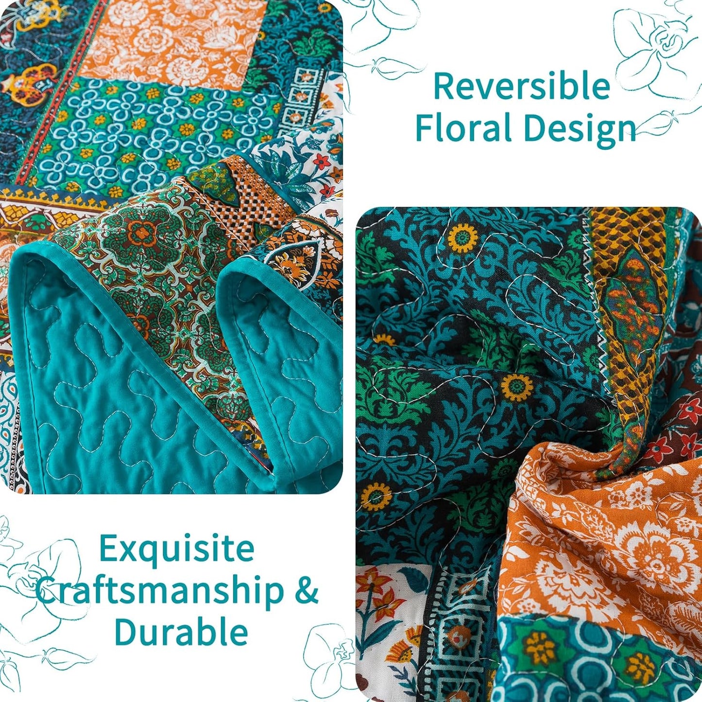 VAPUTAR Cotton King Quilt Size, Floral Patchwork King Bedspread, Lightweight Quilt King Size for All Seasons, Reversible Green Soft Quilt (98 x 106 Inch Quilt + 2 Pillowcases, Pine Green)