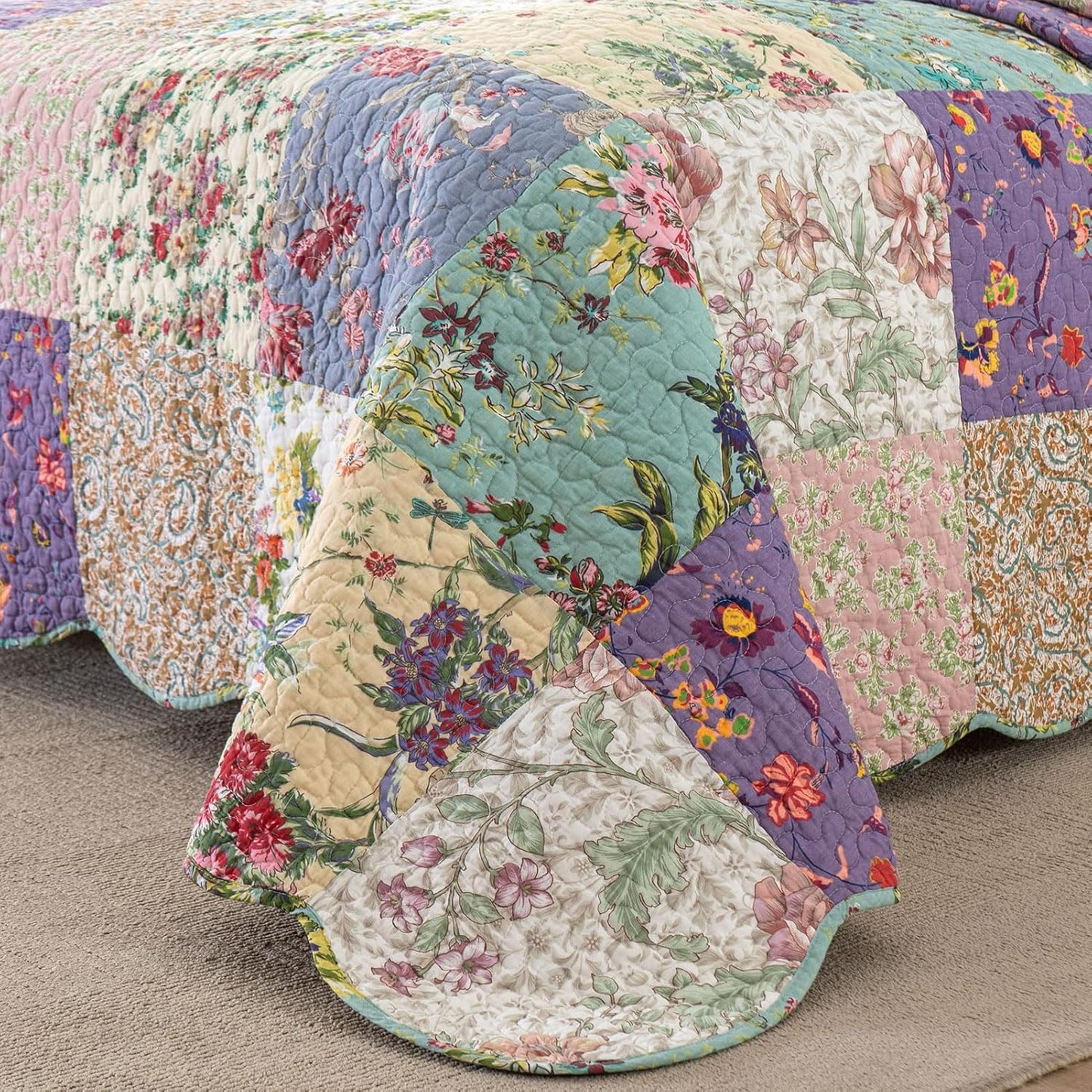 YAYIDAY Quilt King Size Patchwork Bedspread Set - 100% Cotton Reversible Breathable Floral Quilted Quilt with Pillow Shams Fit All Season