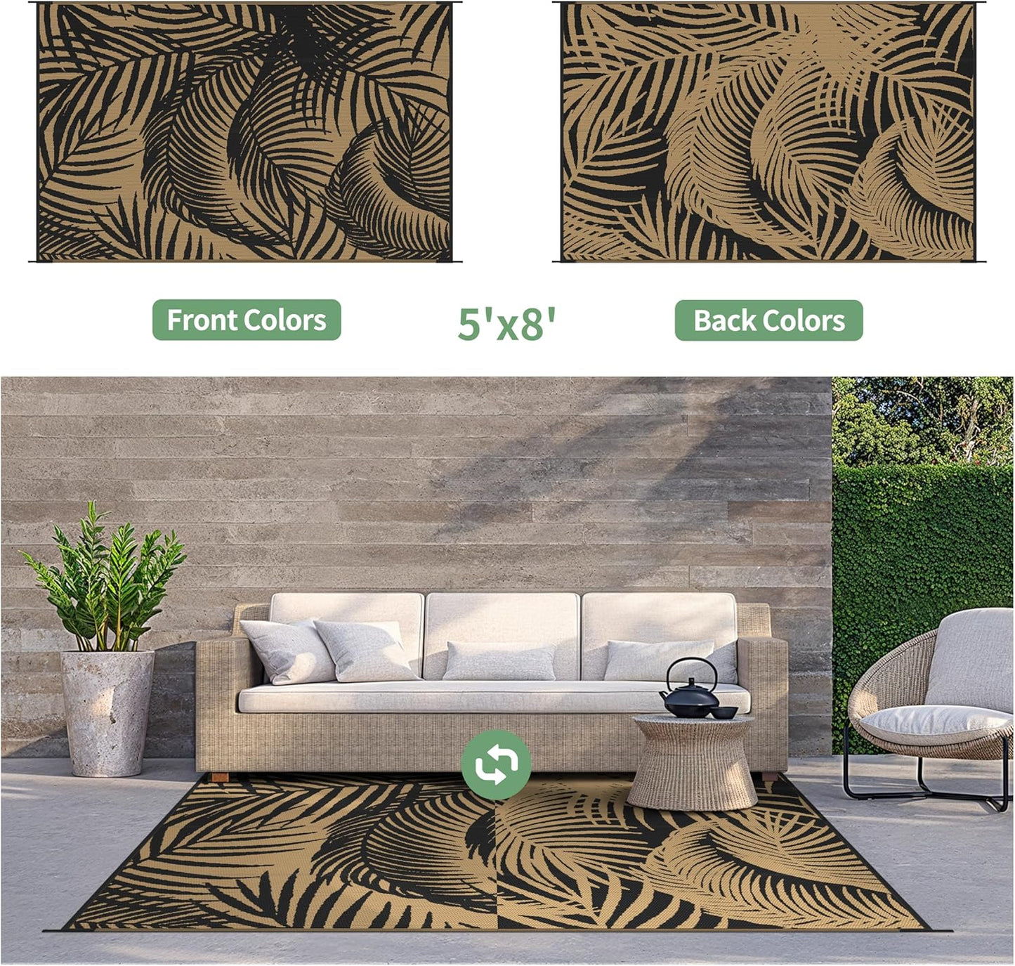 GENIMO Outdoor Rug 5' x 8' Waterproof for Patio Clearance, Reversible Plastic Straw Camping Carpet, Lightweight Mats for Rv, Backyard, Deck, Porch, Picnic, Beach, Balcony, Black & Brown