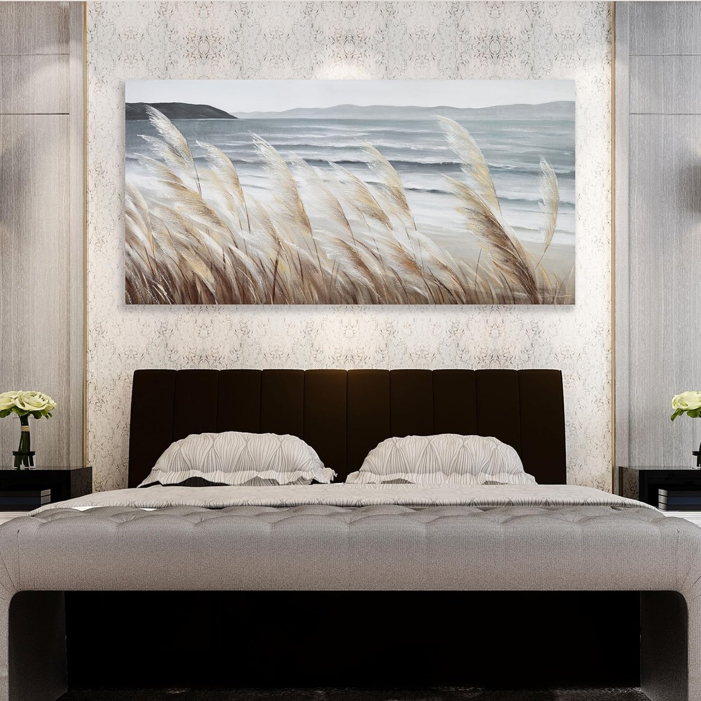 Plant Wall Art Nature Wall Art Reed Seascape Canvas Painting Wall Decor Framed Artwork for Bedroom Living Room Decoration Home Kitchen Office 24"x48"