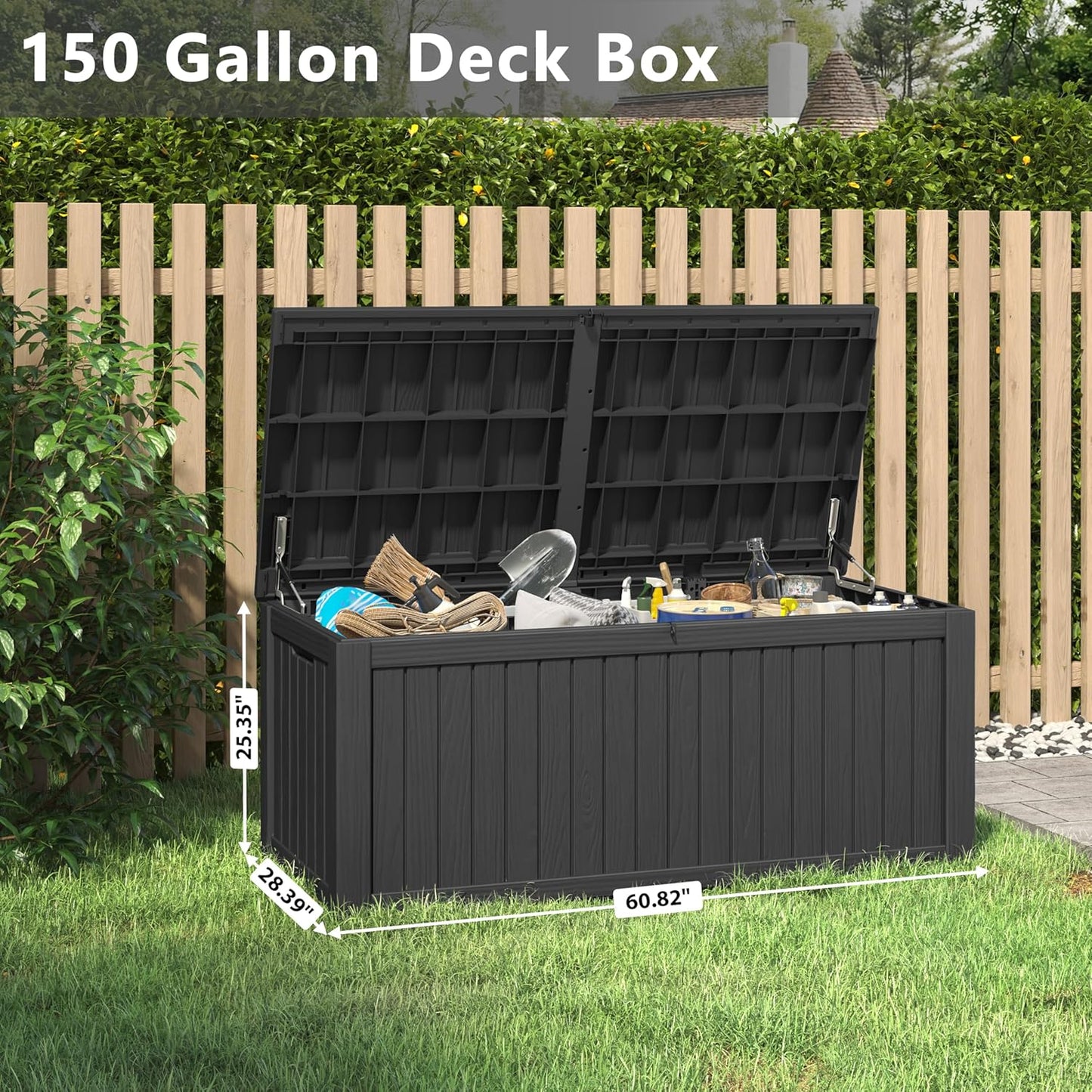 150 Gallon Resin Deck Box, Large Indoor and Outdoor Storage Box, Weatherproof and UV Resistant Outdoor Storage Box with Built-in Steel Beams for Patio, Cushions, Pool Supplies