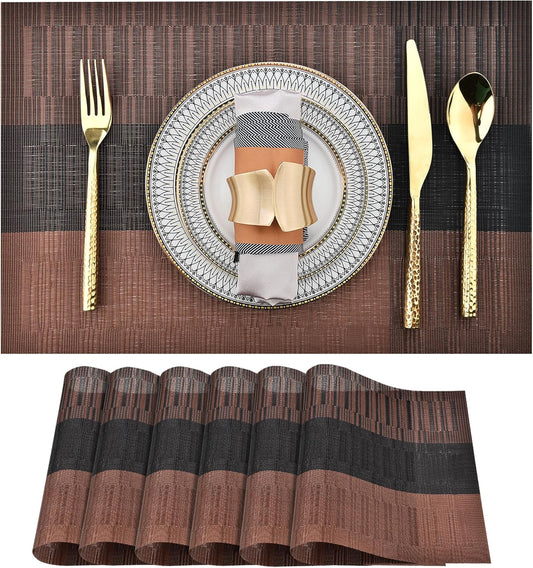 Placemats Set of 6 - Easy Clean Modern Durable Washable Vinyl Place Mats - Heat Resistant Placemats for Kitchen Table - PVC Table Mats for Dining Table (Brown Black, 6)