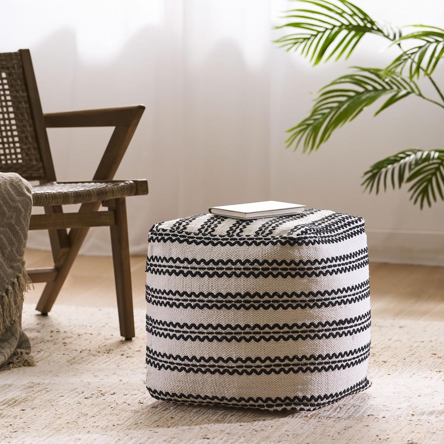 GDFStudio Boho Handmade Fabric Cube Pouf Ottoman Foot Stool - Bean Bag Floor Chair - Foot Rest Couch for Living Room Bedroom,Natural and Black,16" x 16" x 15.75"