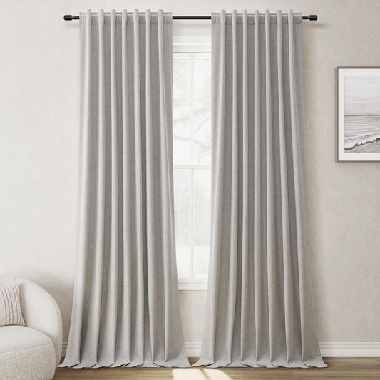 BOODII 108 Inch Black Out Curtains 2 Panels Set Back Tab Thermal Insulated Natural Linen Textured Blackout Curtains Noise Reducing Silver Gray Neutral Living Room Darkening Window Drapes 52x108