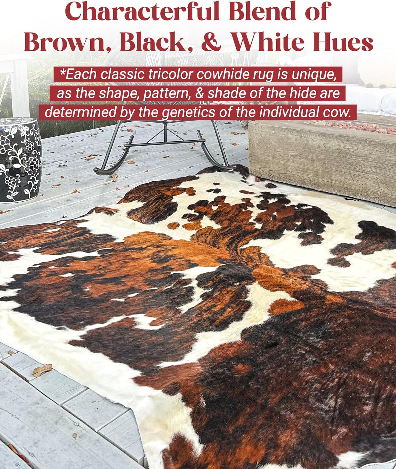 Tricolor Cowhide Rug Classic Brown, Black and White Color Mix, Natural Leather Hide, Area Rug (5x7 ft)