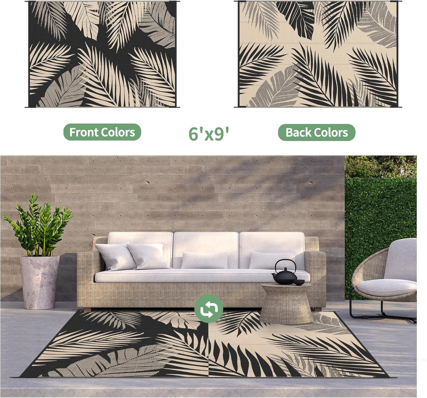 GENIMO Outdoor Rug 6' x 9' Waterproof for Patios Clearance, Reversible Outdoor Plastic Straw Camping Rug Carpet, Large Area Rugs Mats for RV, Camper, Deck, Balcony, Porch, Beach, Picnic, Black&Beige