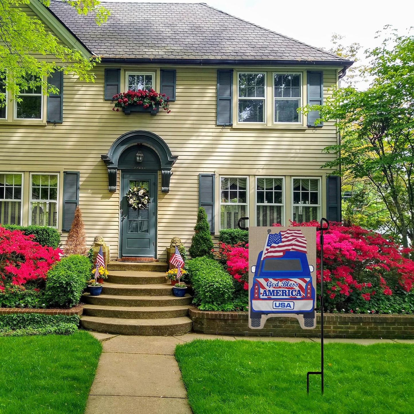TOPFLAGS Garden Flag Stand with American Garden Flags God Bless America and Car Yard Flag 12x18 Inch Holder Pole Stake Double Side for Outside with Clips and Stopper for Memorial Day 4 th of July